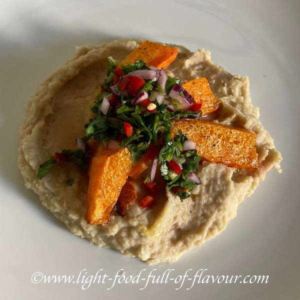Butter Bean mash With Roasted Squash And Onion-Chilli-Herb salsa