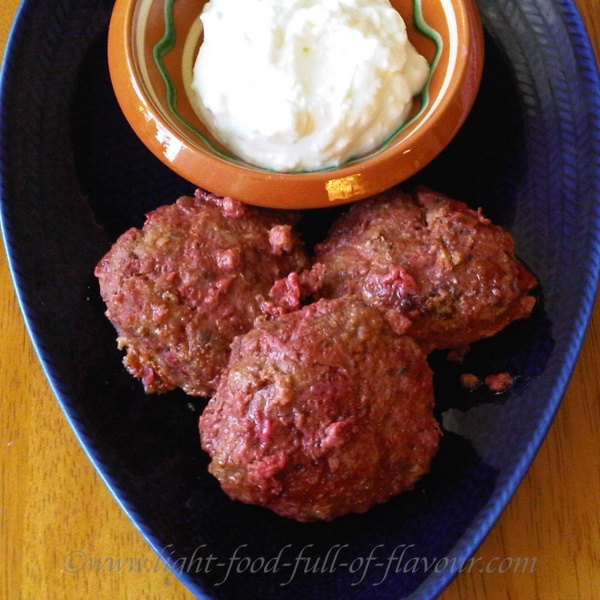 Lamb And Beetroot Burgers With A Feta Cheese And Garlic Sauce