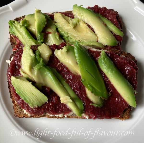 Sourdough bread with avocado and beetroot and chilli ketchup.