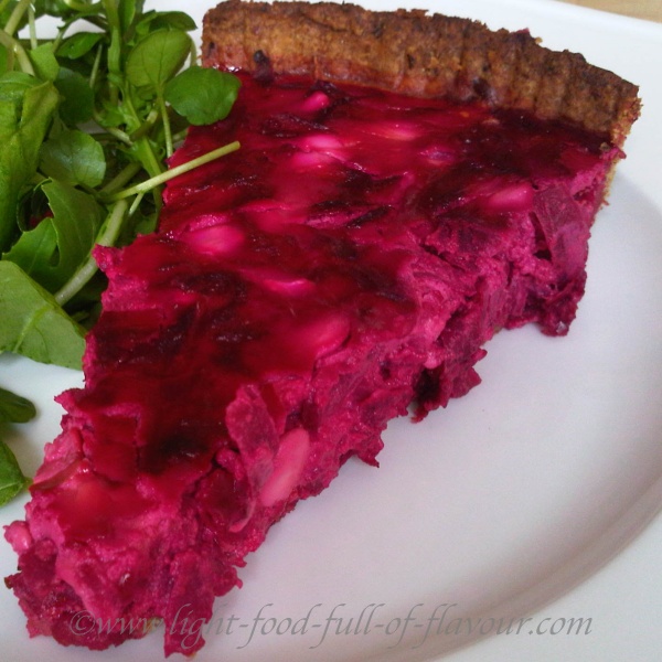 Beetroot quiche with goat cheese.