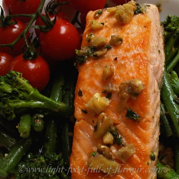 Pan-Fried Salmon With Vegetables In An Anchovy And Walnut Vinaigrette