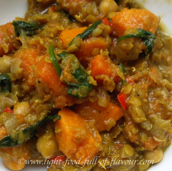 Vegetarian Curry With Chickpas, Lentils And Sweet potatoes