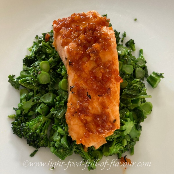 Chilli ginger salmon with green vegetable stir-fry.